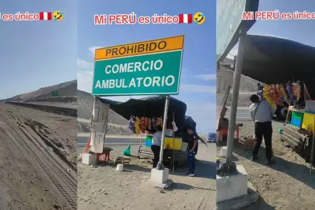 Peruana instala su quiosco al lado de letrero de prohibido el comercio ambulator