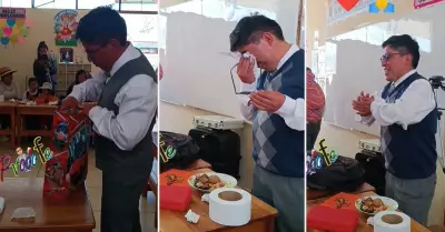 Profesor emocionado al recibir regalos por el Da del Padre.