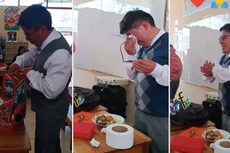 Profesor emocionado al recibir regalos por el Da del Padre.