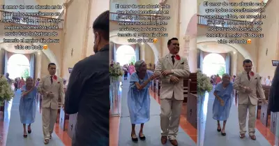 Abuelita acompaa a su nieto el da de su boda hasta el altar.