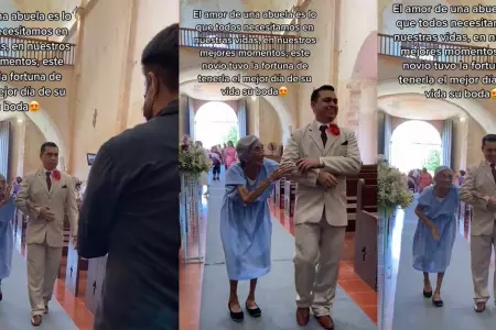 Abuelita acompaa a su nieto el da de su boda hasta el altar.