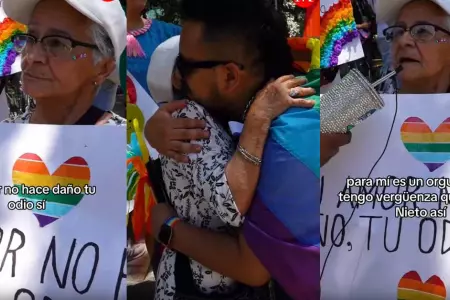 Abuelita apoya a su nieto en marcha del orgullo LGTB+.