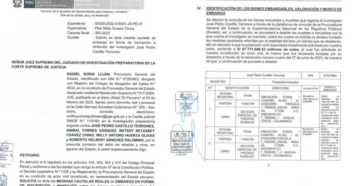 Documentos de la PGE sobre embargo de Pedro Castillo y Anibal Torres (Perú 21)