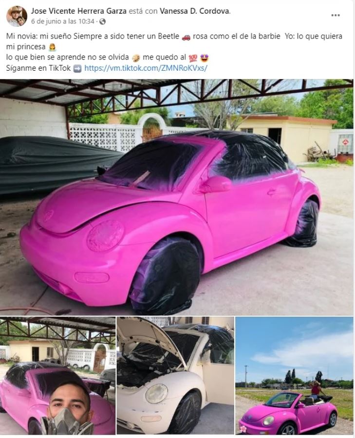 Novio cumple con el deseo de su novia de tener un auto como de Barbie.