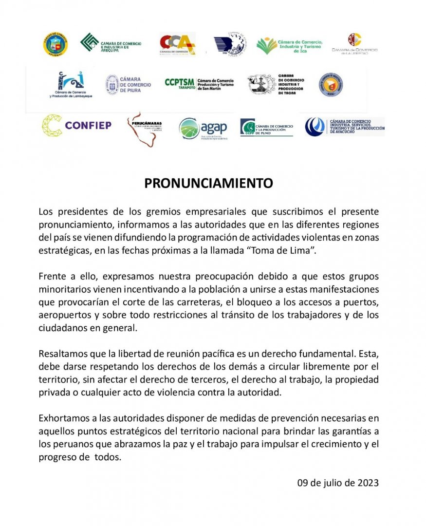 Comunicado de gremios empresariales peruanos.