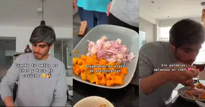 Chef prepara ceviche para su grupo de amigos.