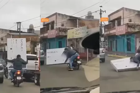 Hombre lleva televisor en moto y termina en el suelo.