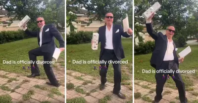 Padre baila alegre tras firmar su esperado divorcio.