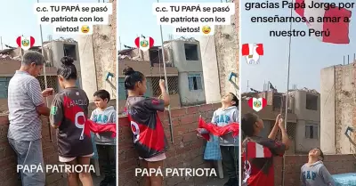 Abuelito ensea a sus nietos a colocar la bandera del Per.