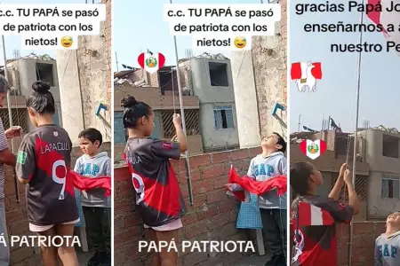 Abuelito ensea a sus nietos a colocar la bandera del Per.