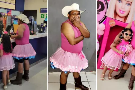 Padre viste de color rosado para acompañar a su hija a ver 'Barbie'.