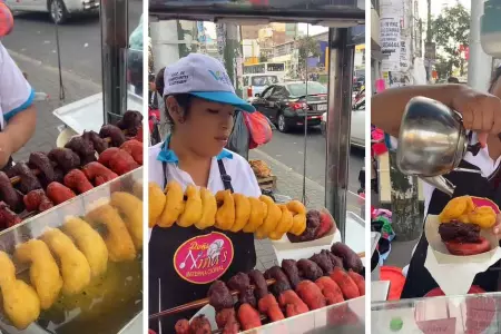 Peruana vende picarones de fresa y maz morado.