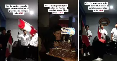 Joven cumple aos en Fiestas Patrias y sus amigos le cantan el Himno Nacional.