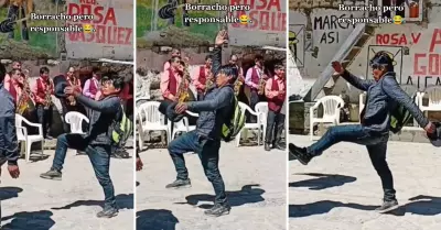 Hombre ebrio se luce en desfile por Fiestas Patrias.