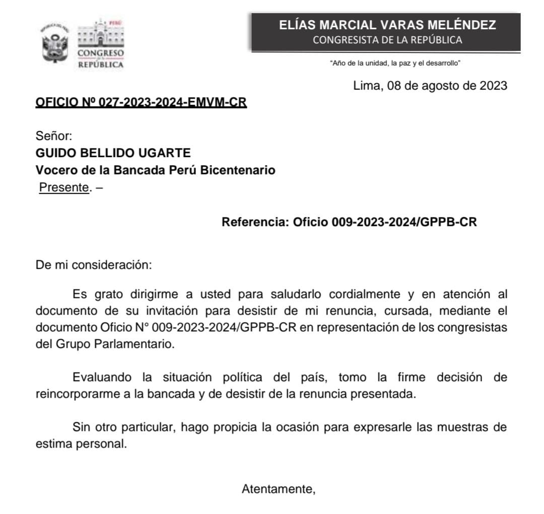 Congresista Elias Varas desiste de su renuncia a la bancada Per Bicentenario.