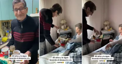 Abuelito lleva el desayuno a la cama a su esposa.