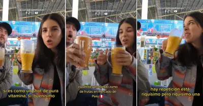 Españoles sorprendidos al probar jugo de frutas en Perú.
