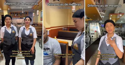 Mesera peruana y venezolana compiten sobre quin atiende mejor.