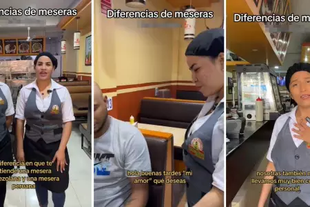 Mesera peruana y venezolana compiten sobre quin atiende mejor.