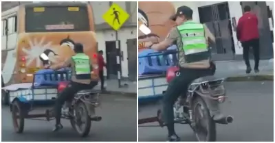 Polica conduce triciclo por calles del Cercado de Lima