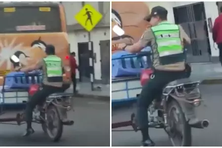 Polica conduce triciclo por calles del Cercado de Lima