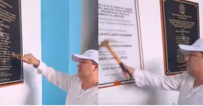 Alcalde de Trujillo destruye placas de colegio a martillazos