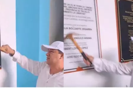 Alcalde de Trujillo destruye placas de colegio a martillazos