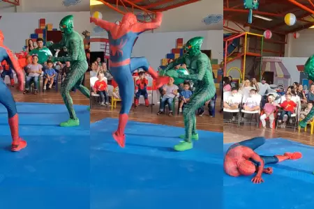 Spiderman y Duende Verde pelean en un colegio inicial.