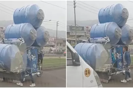 Peruano transporta cuatro cisternas en un mototaxi