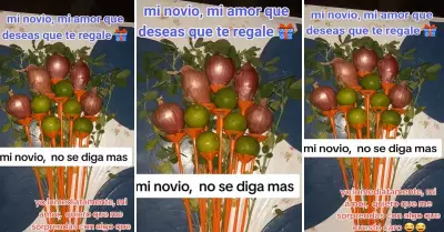 Joven recibe un ramo de limones y cebollas.