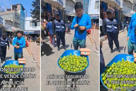 Vendedor ofrece limones acompaado de "seguridad".