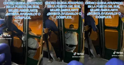 Ladrn queda atrapado en bus y mujer intenta ayudarlo.