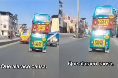 Usuarios sorprendidos al ver que una mototaxi trasladaba a otra en la parte supe