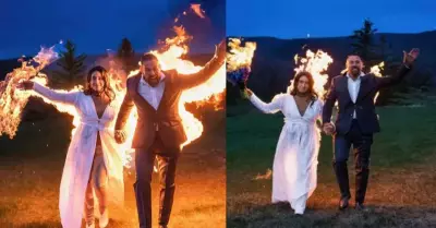 Pareja de novios sorprenden al entrar a su boda en llamas.