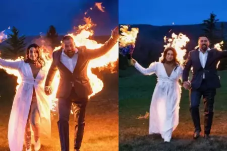 Pareja de novios sorprenden al entrar a su boda en llamas.