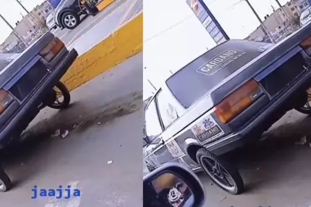 Peruano sorprende con auto que tiene dos llantas de triciclo.