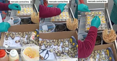Comerciante vende huevitos de codorniz 'al anticucho'.
