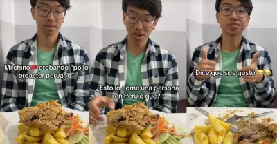 Joven extranjero reacciona al comer pollo broaster en el Per.