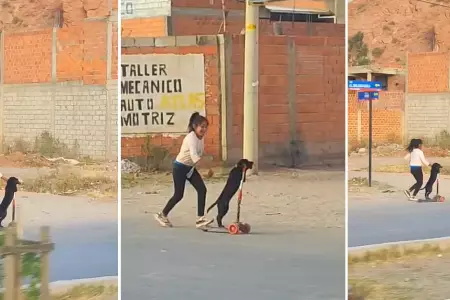 Perrito juega sobre scooter y al lado de su hermana humana.