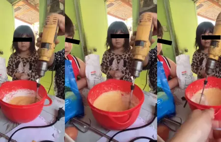 Madre bate masa de queque con un taladro.