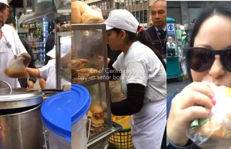 Hombre vende pan con ceviche en el Centro de Lima.