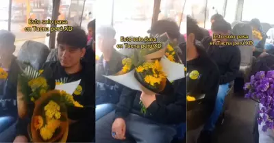 Pasajeros de un bus llevan flores amarillas a sus parejas.