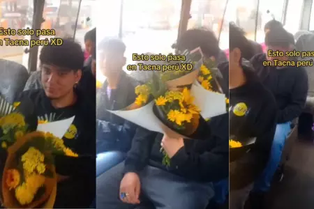 Pasajeros de un bus llevan flores amarillas a sus parejas.