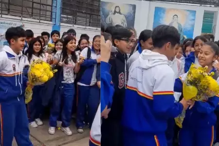 Estudiante regala flores amarillas en colegio