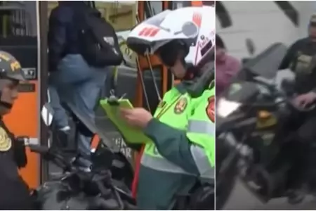 Polica motorizado invade vereda y recibe multa de su compaero de trnsito