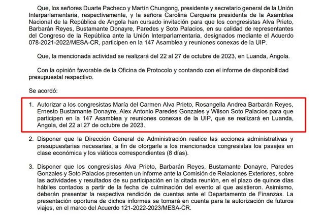 Aprueban nuevo viaje de congresistas.