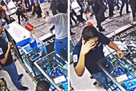 Trabajador tumba estante de celulares y su reaccin se vuelve viral.