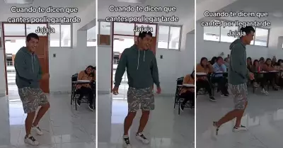 Joven llega tarde y debe cantar para entrar a clase.