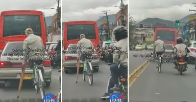 Adulto mayor pedalea bicicleta a pesar de su discapacidad.