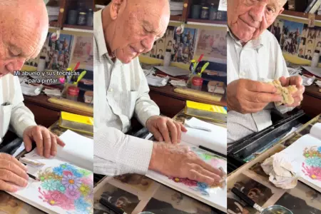 Abuelito sorprende a los cibernautas con su técnica para pintar.